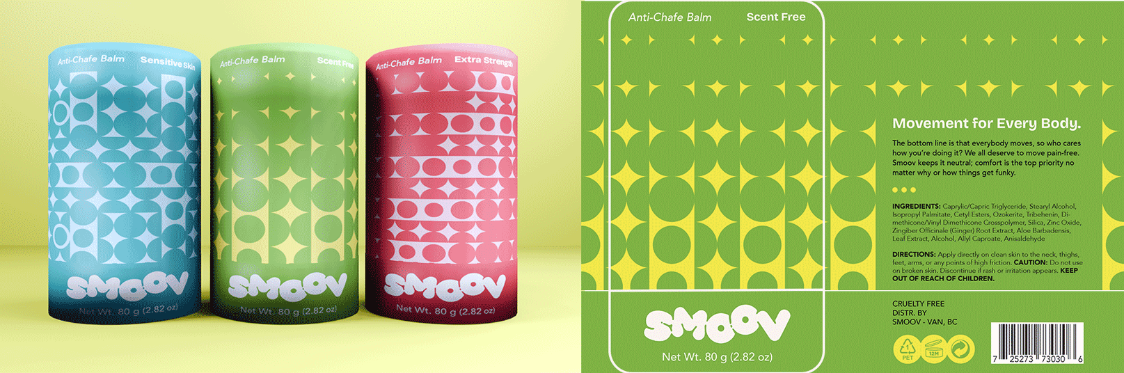 Smoov anti-chafe packaging: front, back, and full wrap.